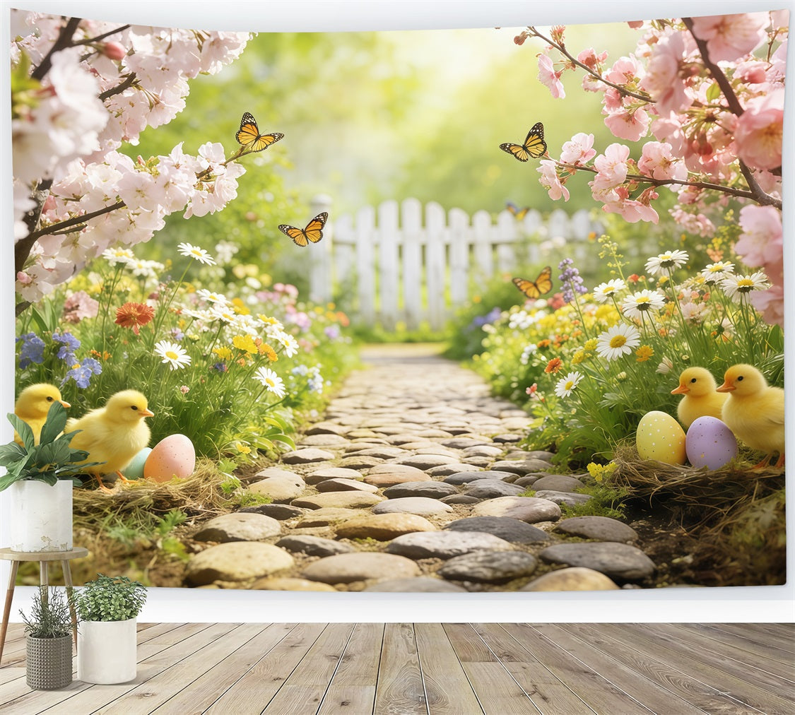 Marshmallow Chick Backdrop Cherry Blossom Garden Path Easter Photography Backdrop UK CSH63-20