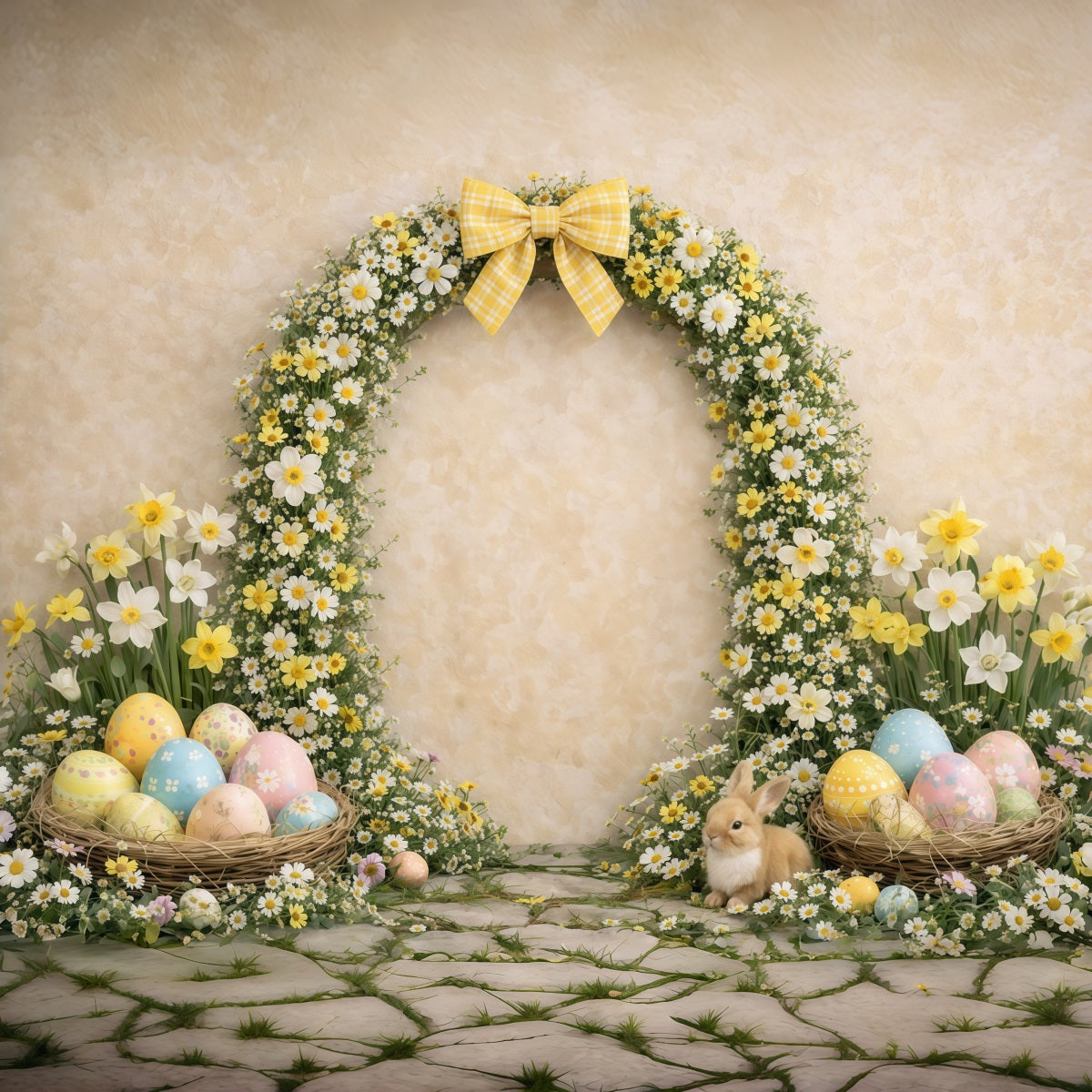 Spring Floral Wreath Backdrop Yellow Daisy Bow Arch Easter Picture Backdrop Ideas UK CSH63-21