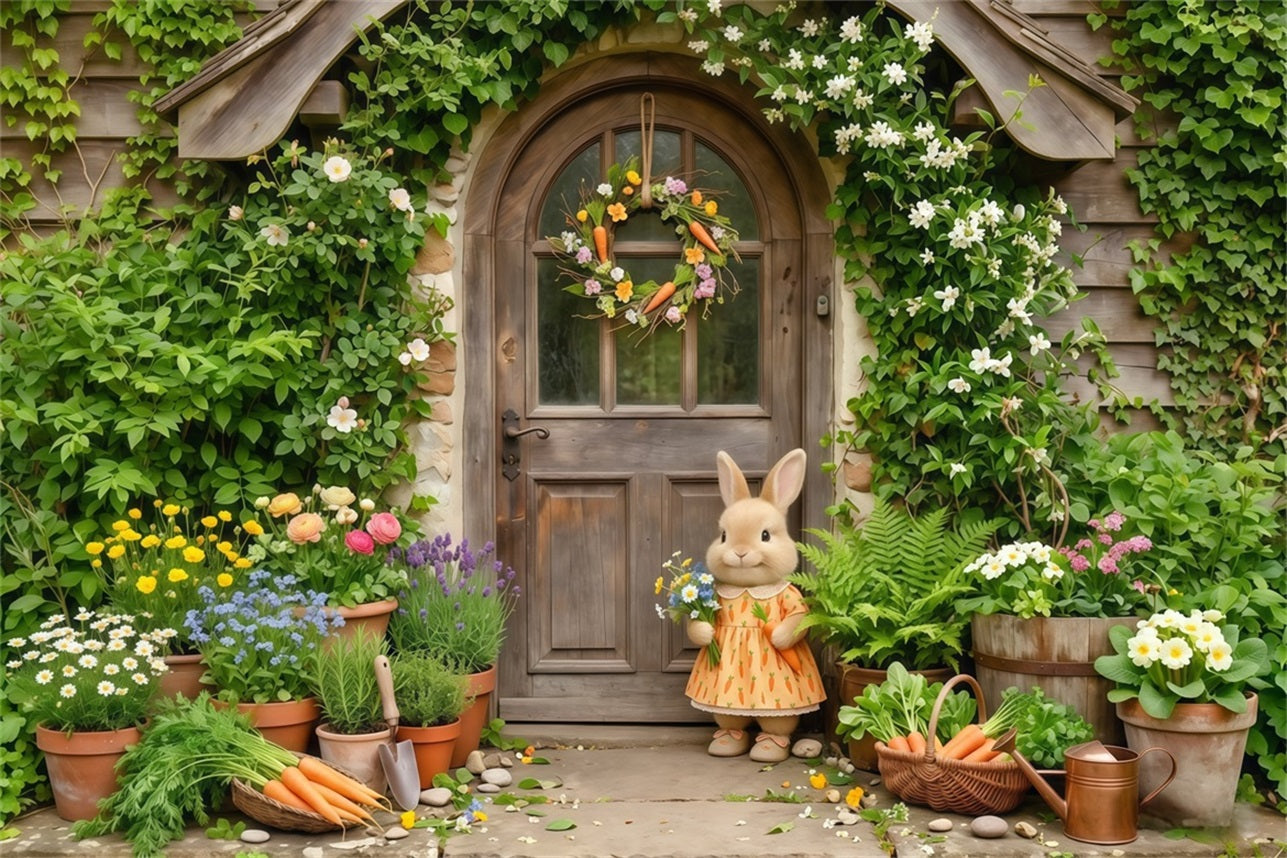 Easter Bunny Backdrop Cottage Door Flower Pots Easter Photography Backdrops For Sale UK CSH63-22