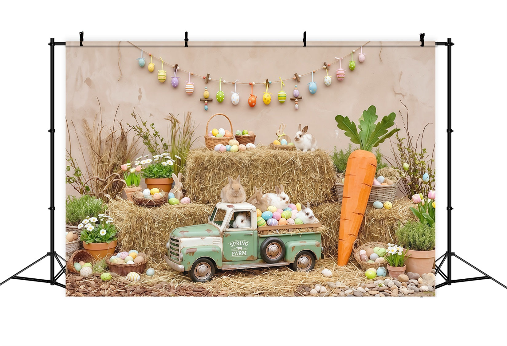 Easter Carrot Backdrop Rustic Farm Bunny Truck Hay Eggs Photo Backdrop Easter UK CSH63-23