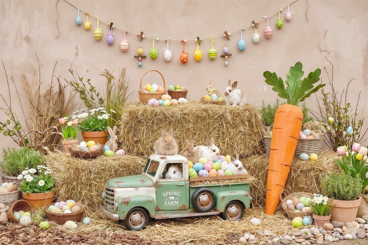 Easter Carrot Backdrop Rustic Farm Bunny Truck Hay Eggs Photo Backdrop Easter UK CSH63-23