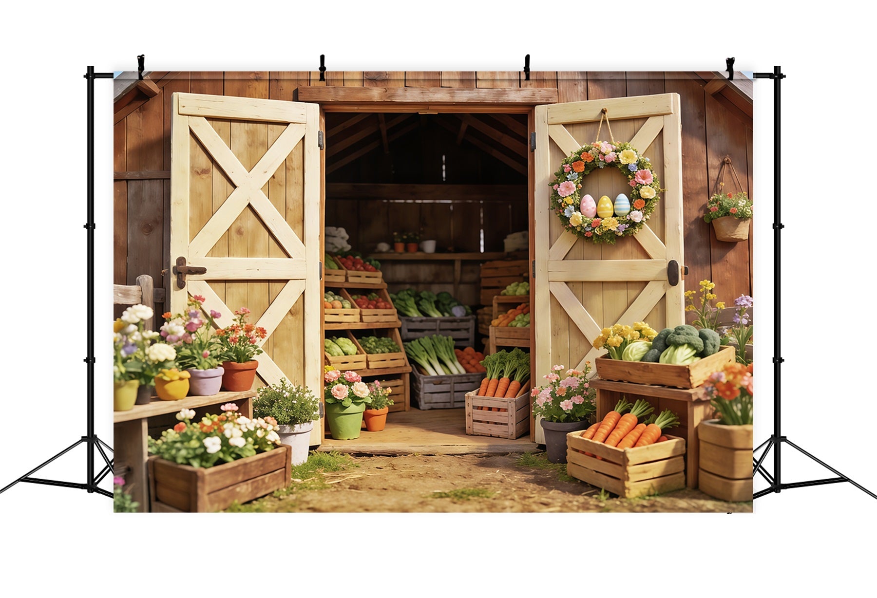 Easter Farm Barn Backdrop Spring Vegetables Flower Crates Easter Backdrop For Photography UK CSH63-24