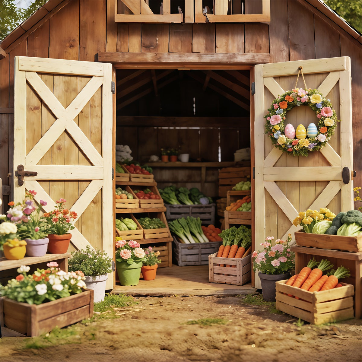 Easter Farm Barn Backdrop Spring Vegetables Flower Crates Easter Backdrop For Photography UK CSH63-24