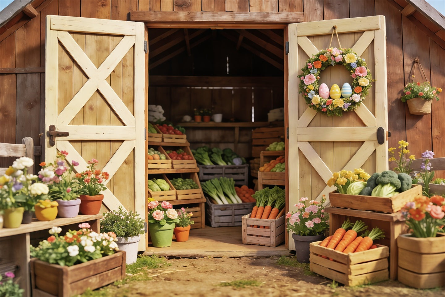 Easter Farm Barn Backdrop Spring Vegetables Flower Crates Easter Backdrop For Photography UK CSH63-24