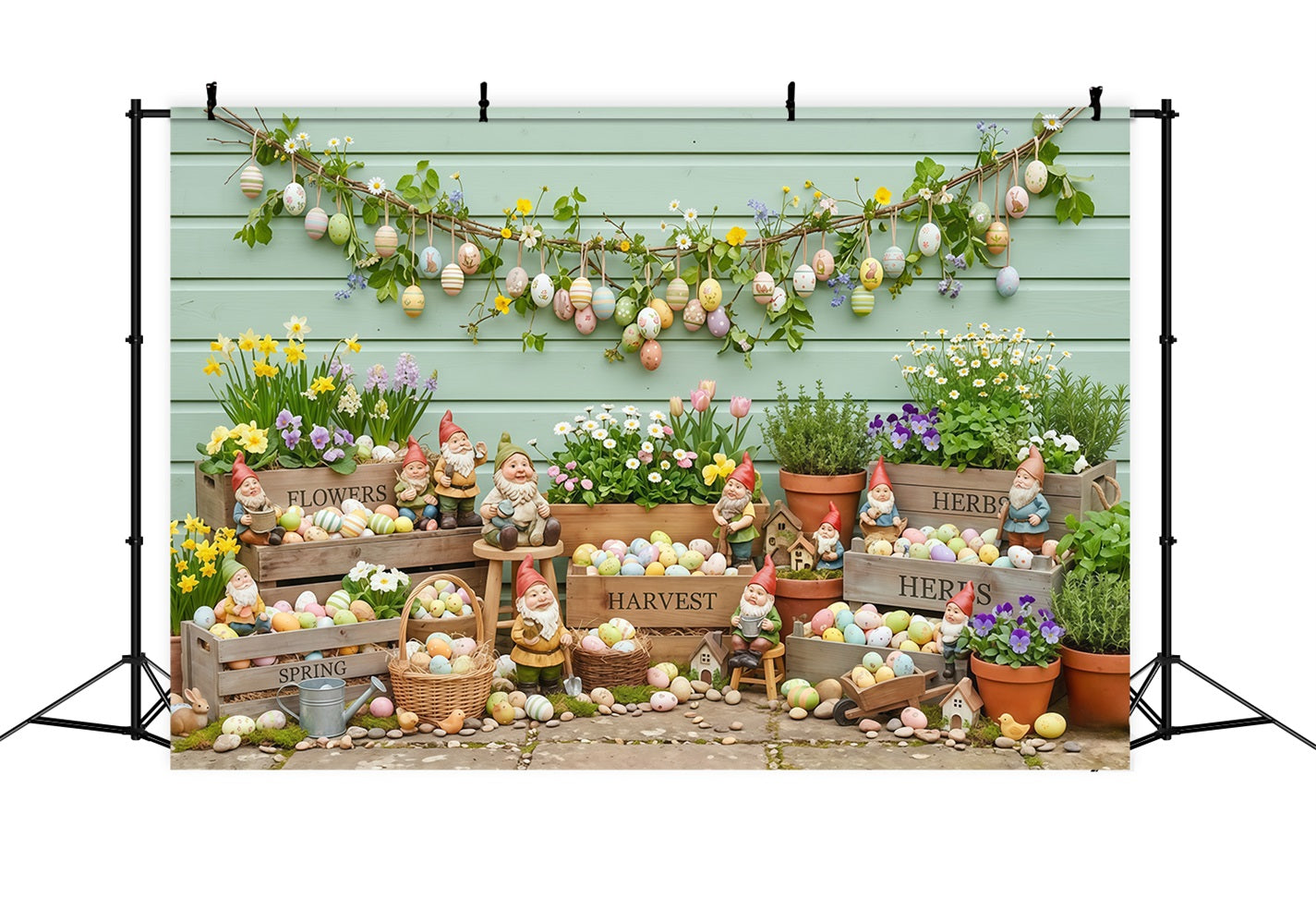 Easter Spring Backdrop Garden Gnomes Painted Eggs Crates Backdrops For Easter Pictures UK CSH63-25