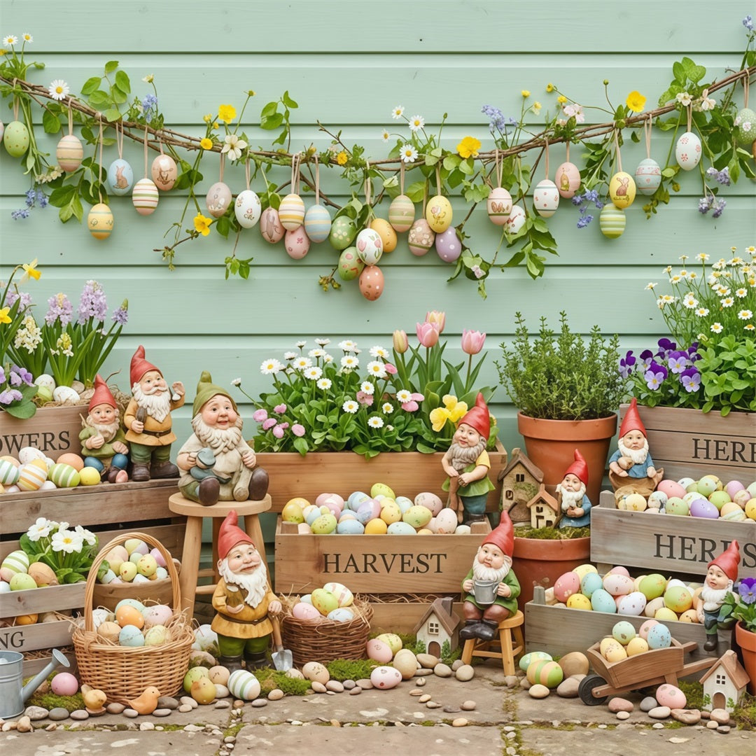 Easter Spring Backdrop Garden Gnomes Painted Eggs Crates Backdrops For Easter Pictures UK CSH63-25