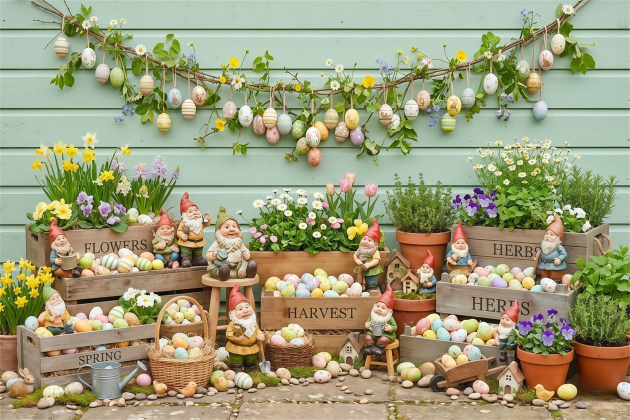 Easter Spring Backdrop Garden Gnomes Painted Eggs Crates Backdrops For Easter Pictures UK CSH63-25