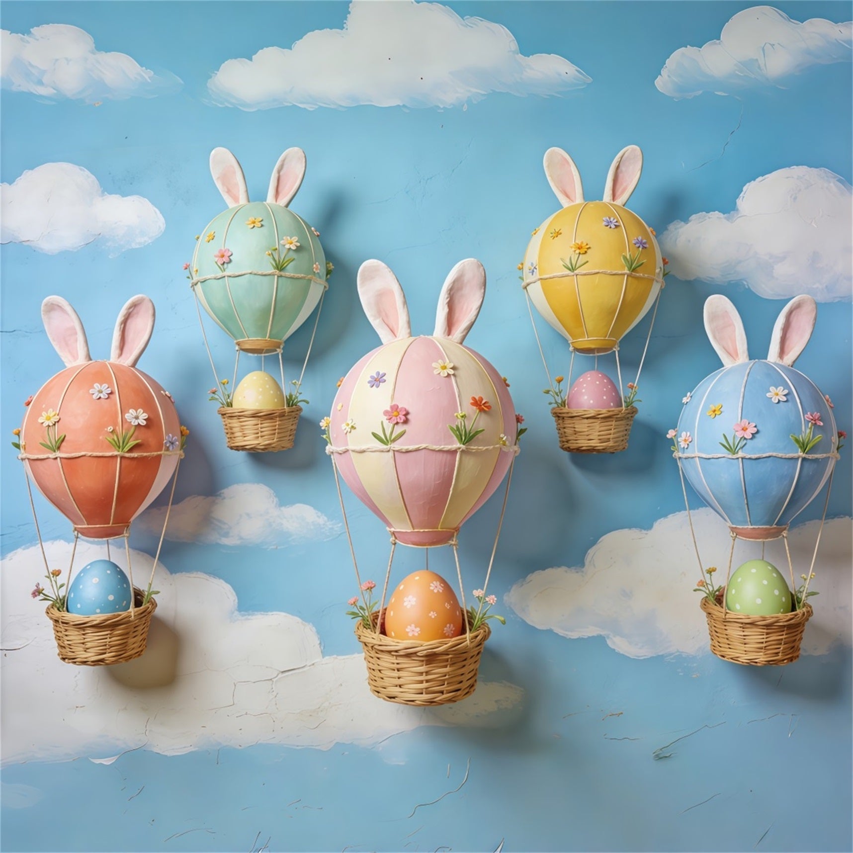 Easter Blue Sky Backdrop Bunny Ear Hot Air Egg Balloons Backdrop For Easter Pictures UK CSH63-26