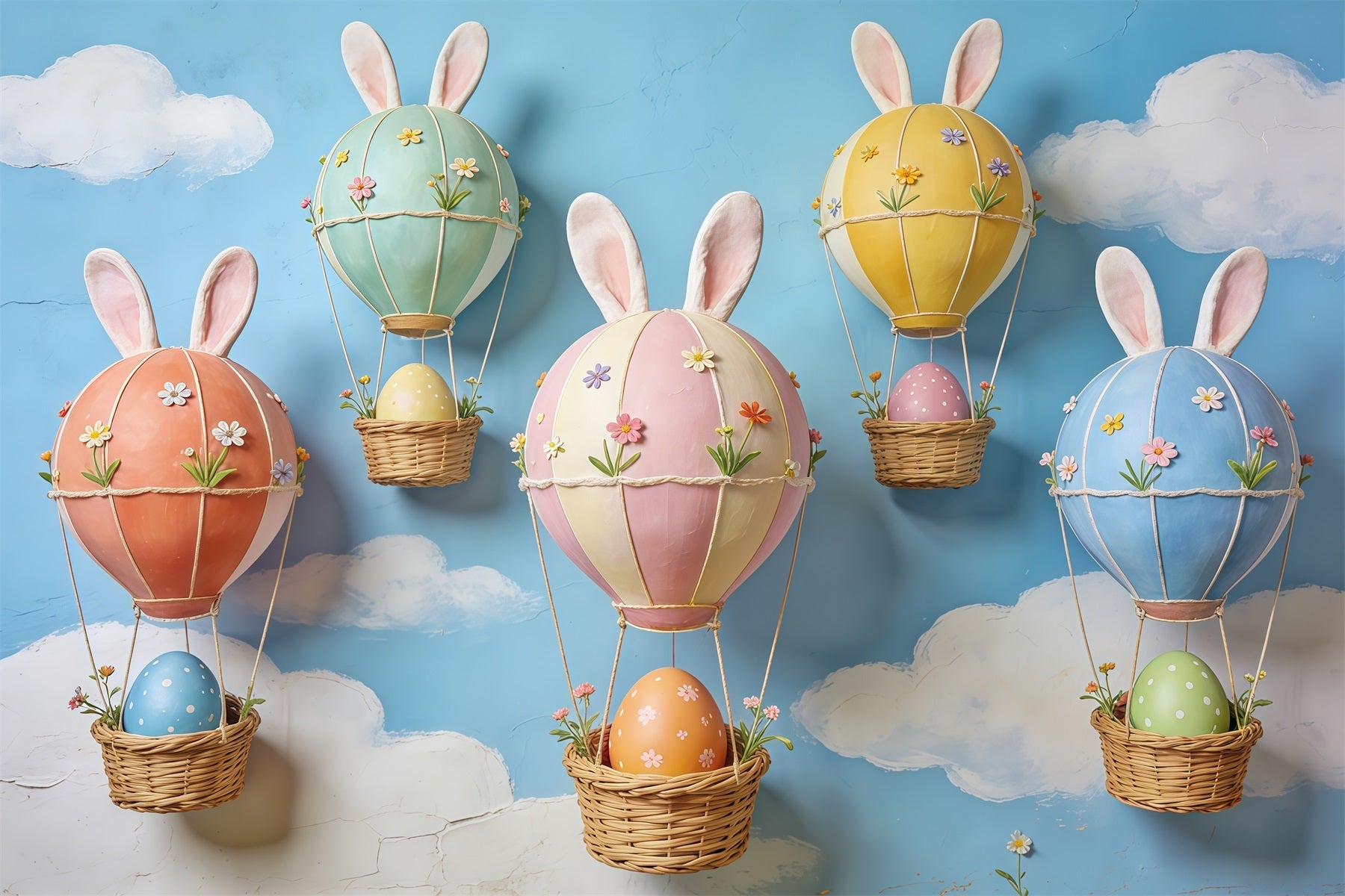 Easter Blue Sky Backdrop Bunny Ear Hot Air Egg Balloons Backdrop For Easter Pictures UK CSH63-26