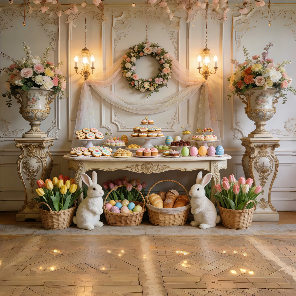 Easter Dessert Table Backdrop Elegant Tulip Floral Bunny Baskets Outdoor Easter Backdrop UK CSH63-27