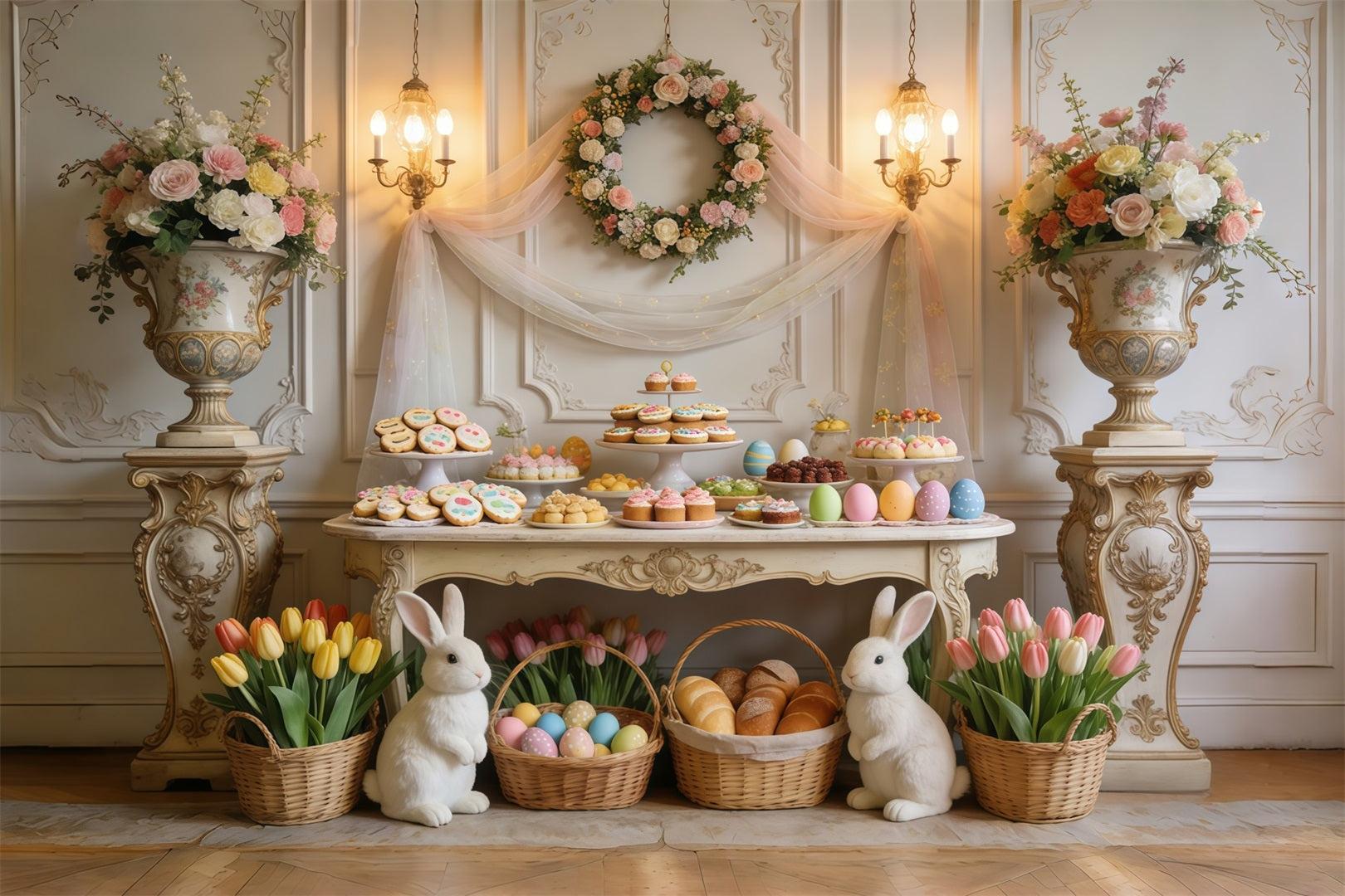 Easter Dessert Table Backdrop Elegant Tulip Floral Bunny Baskets Outdoor Easter Backdrop UK CSH63-27