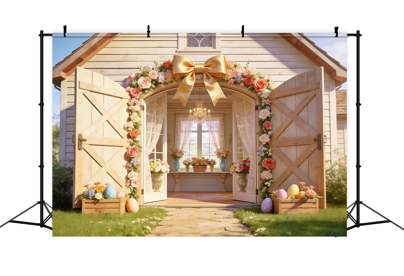 Easter Cottage Garden Backdrop Rustic Barn Flower Arch Open Doors Backdrops Easter UK CSH63-28