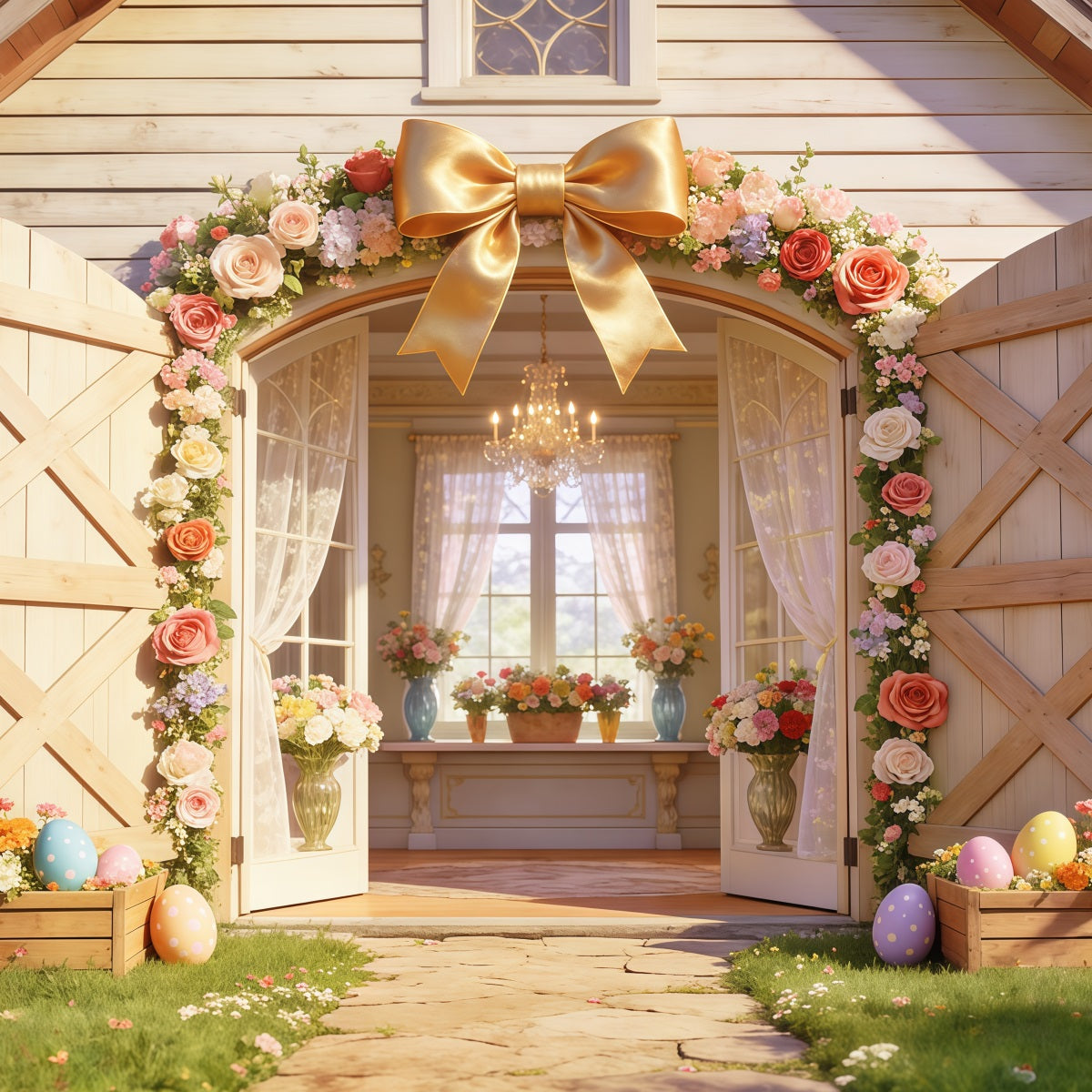 Easter Cottage Garden Backdrop Rustic Barn Flower Arch Open Doors Backdrops Easter UK CSH63-28