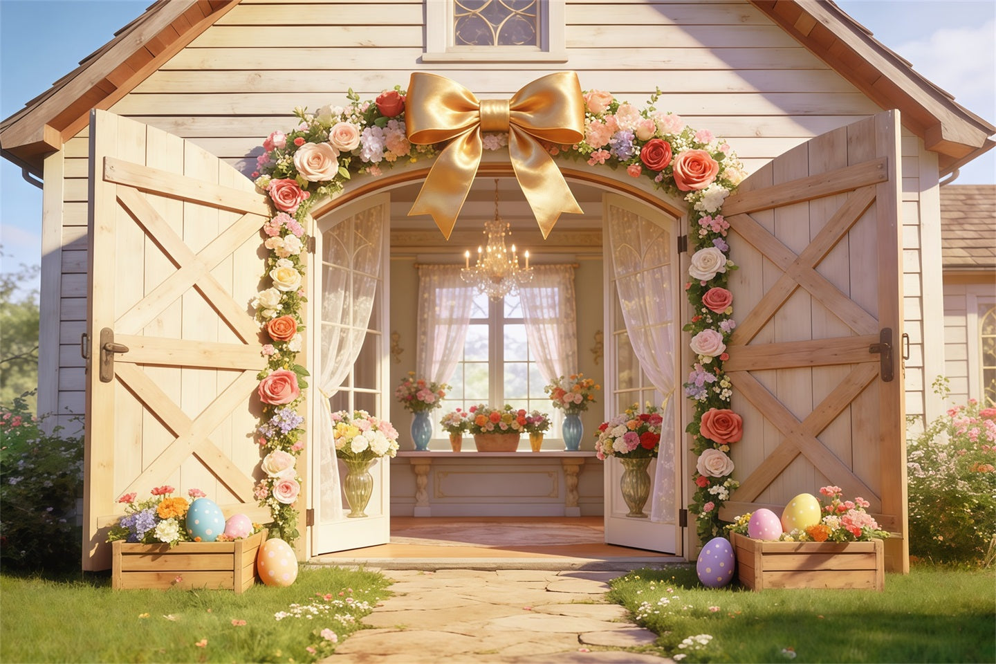 Easter Cottage Garden Backdrop Rustic Barn Flower Arch Open Doors Backdrops Easter UK CSH63-28