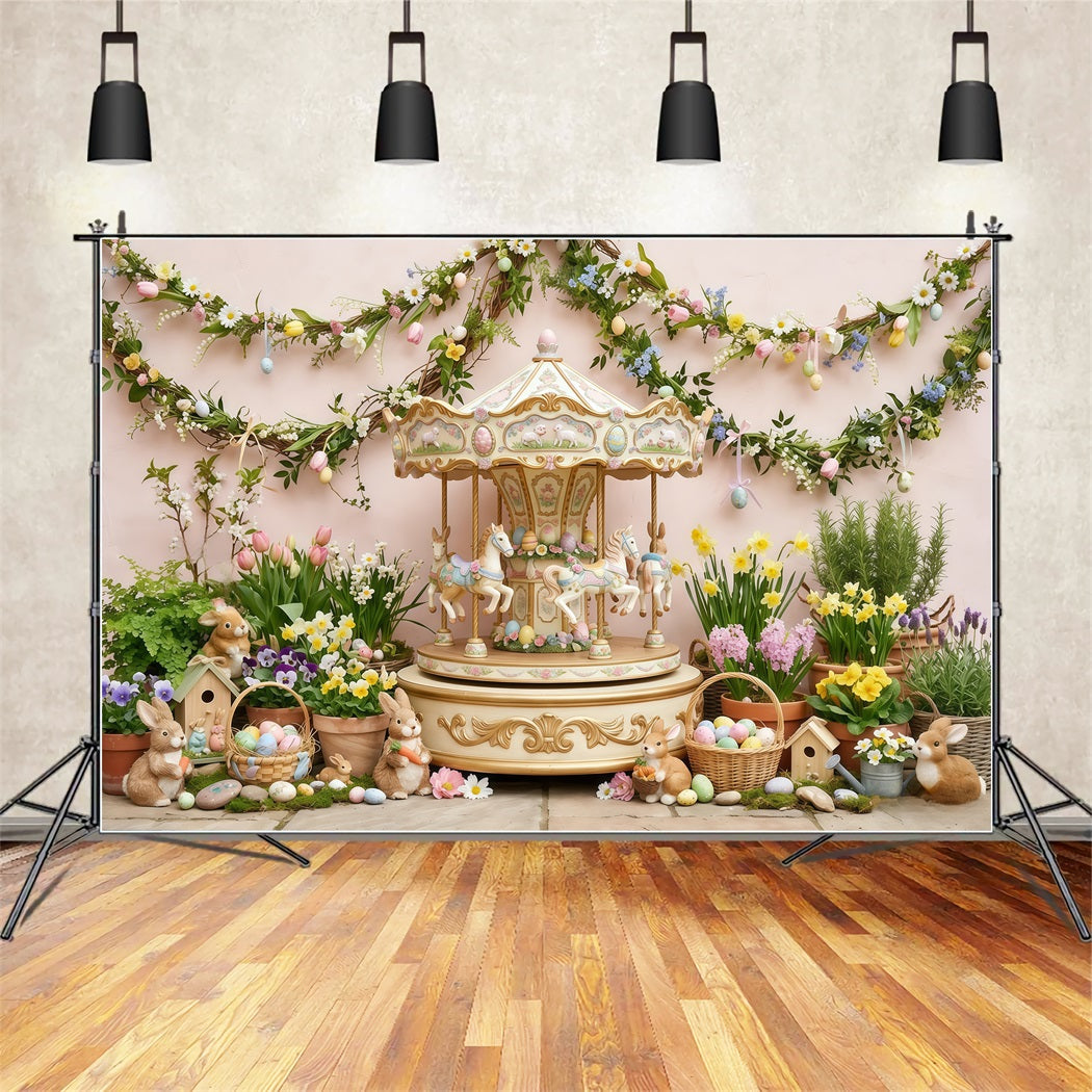Easter Daffodil Backdrop Vintage Carousel Bunny Flowers Easter Backdrops For Photos UK CSH63-29