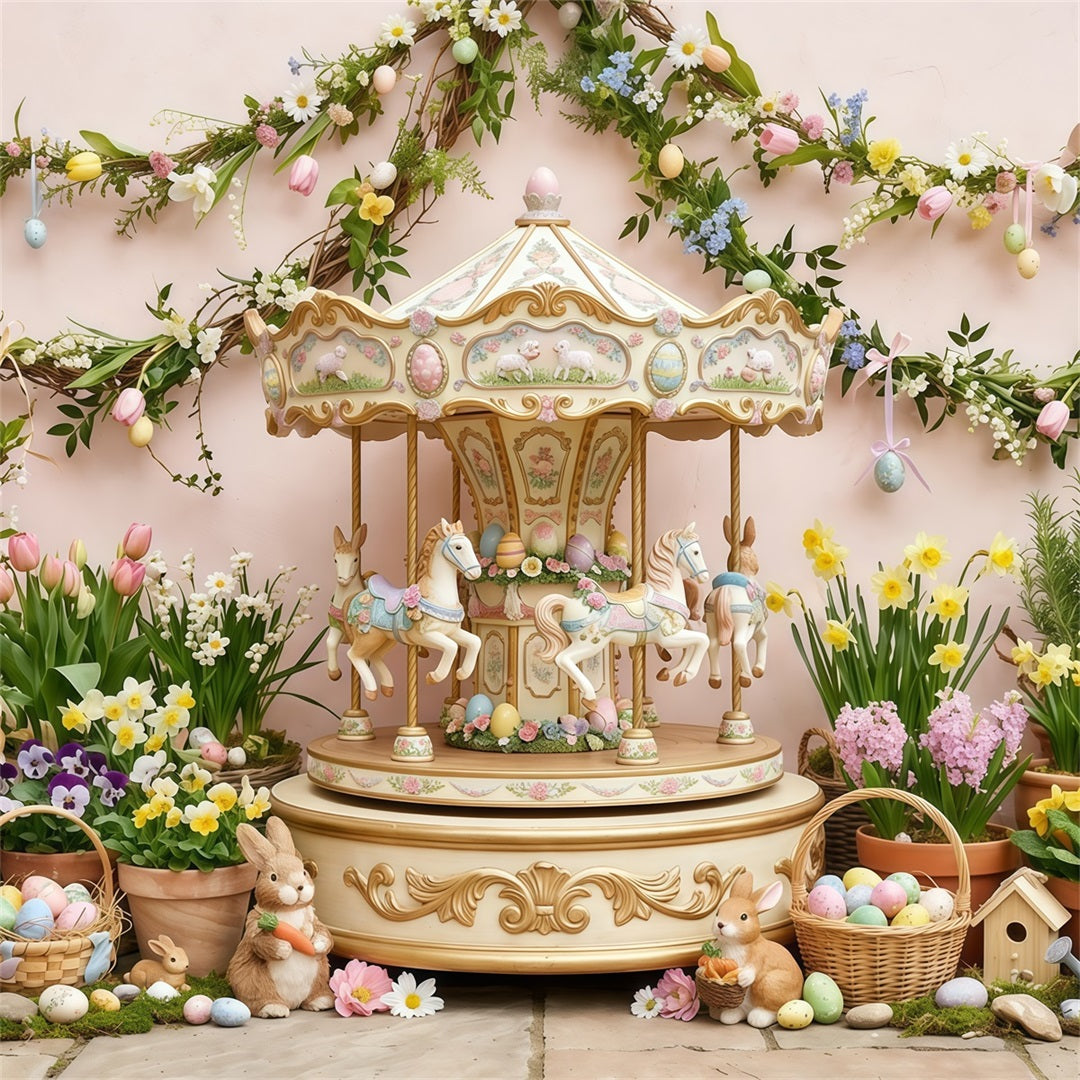 Easter Daffodil Backdrop Vintage Carousel Bunny Flowers Easter Backdrops For Photos UK CSH63-29