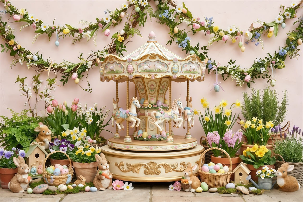 Easter Daffodil Backdrop Vintage Carousel Bunny Flowers Easter Backdrops For Photos UK CSH63-29