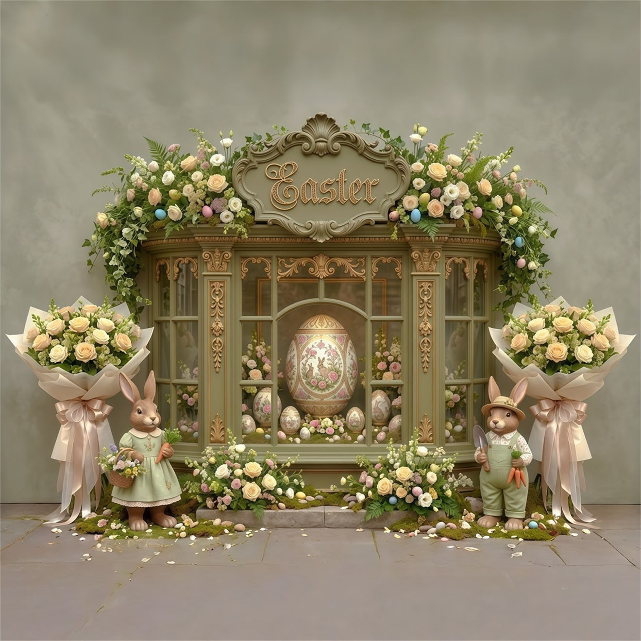 Easter Spring Floral Wreath Backdrop Ornate Egg Floral Window Easter Themed Backdrop UK CSH63-31