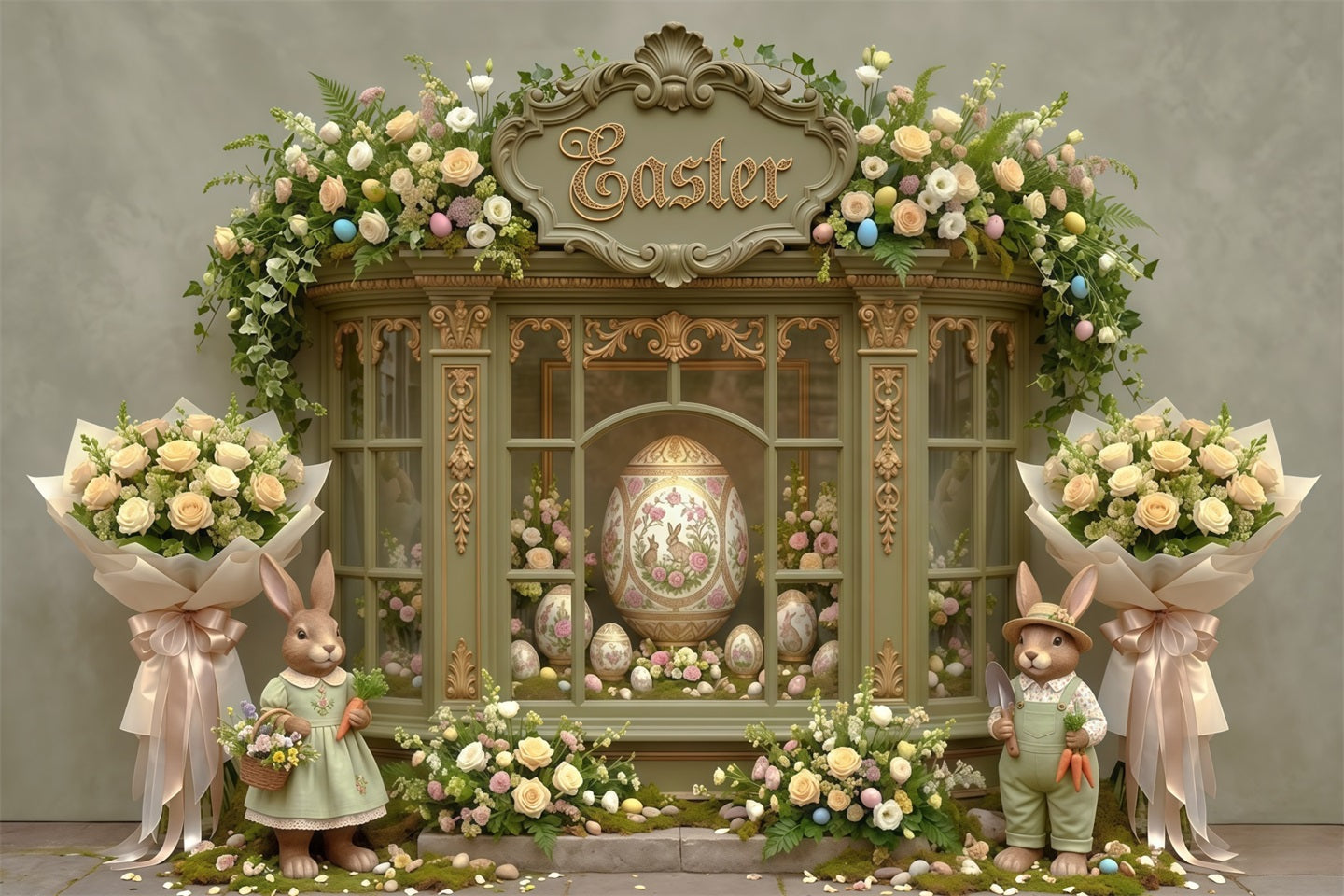 Easter Spring Floral Wreath Backdrop Ornate Egg Floral Window Easter Themed Backdrop UK CSH63-31