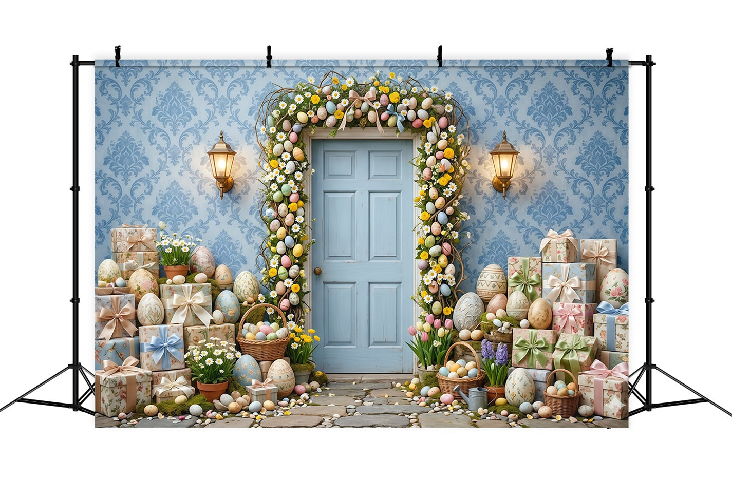 Easter Wreath Doorway Backdrop Blue Door Egg Garland Easter Backdrops Photography UK CSH63-32