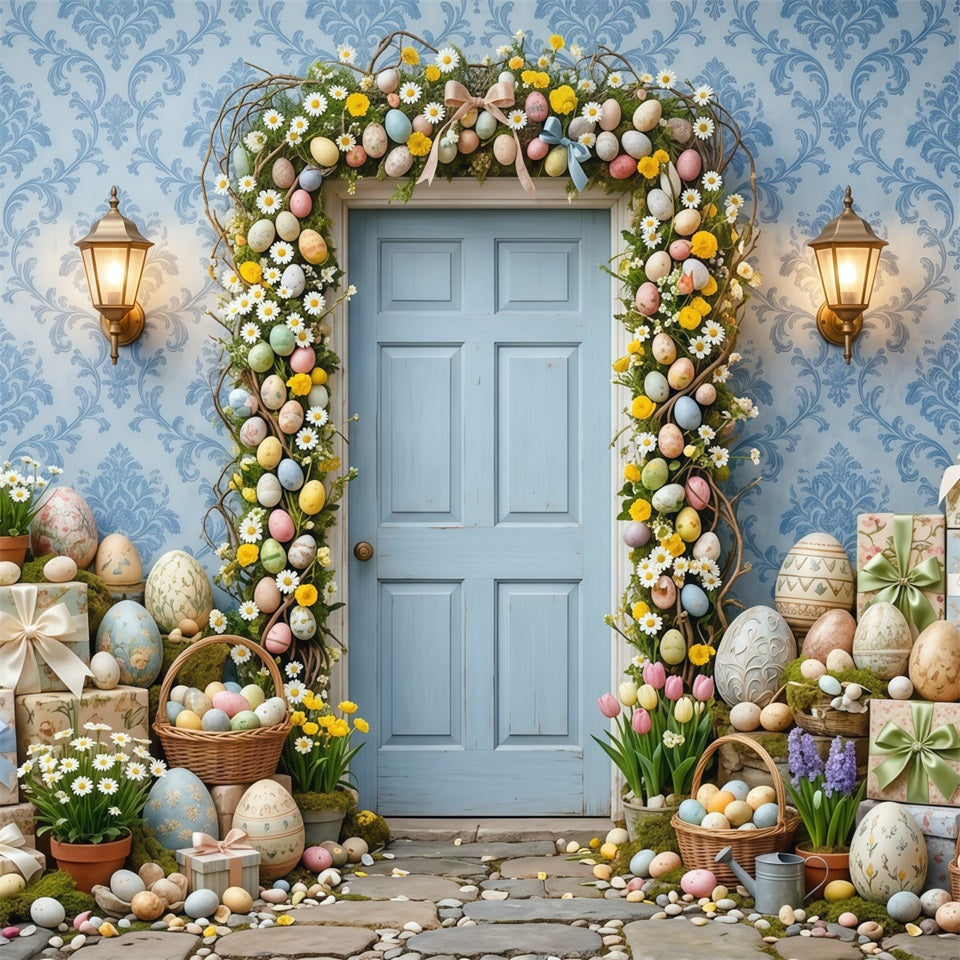 Easter Wreath Doorway Backdrop Blue Door Egg Garland Easter Backdrops Photography UK CSH63-32