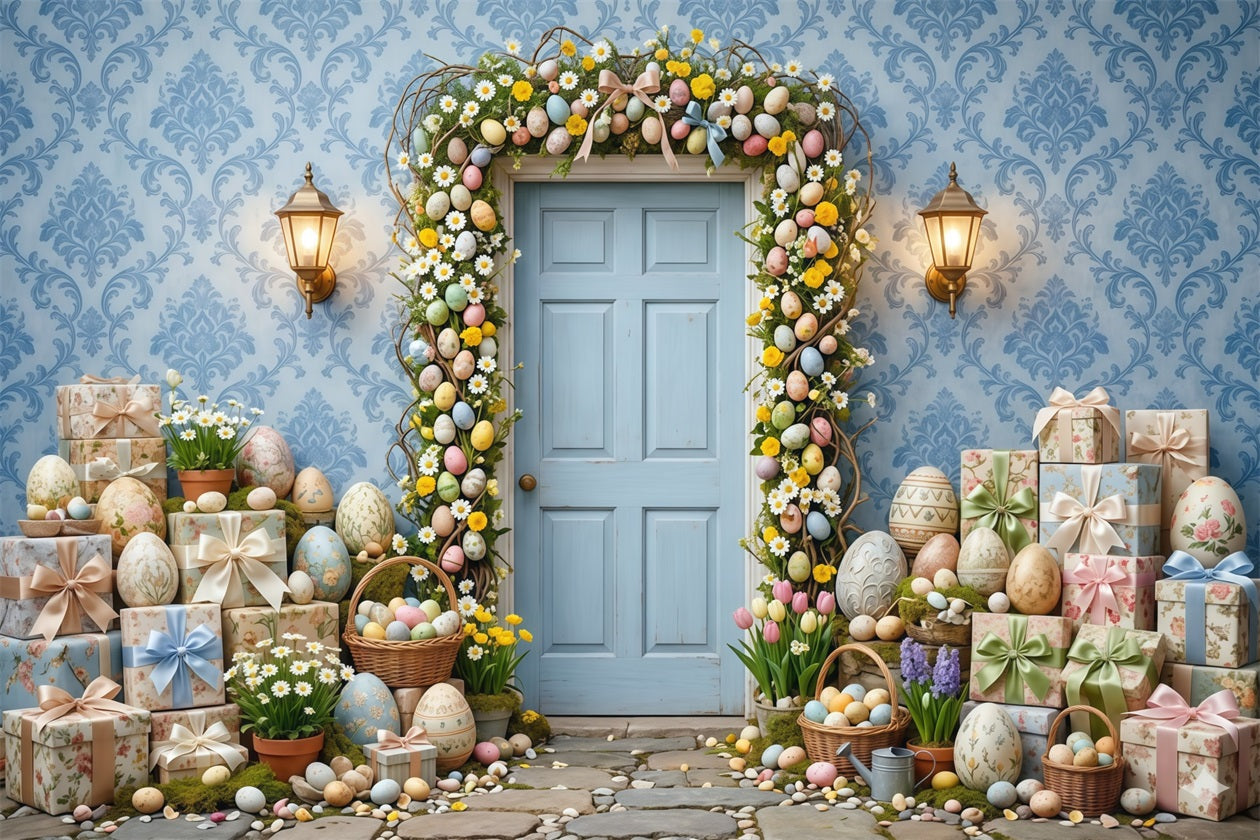 Easter Wreath Doorway Backdrop Blue Door Egg Garland Easter Backdrops Photography UK CSH63-32