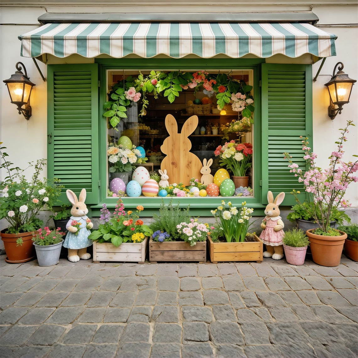 Easter European Garden Backdrop Green Window Bunny Egg Flowers Easter Party Backdrop UK CSH63-38