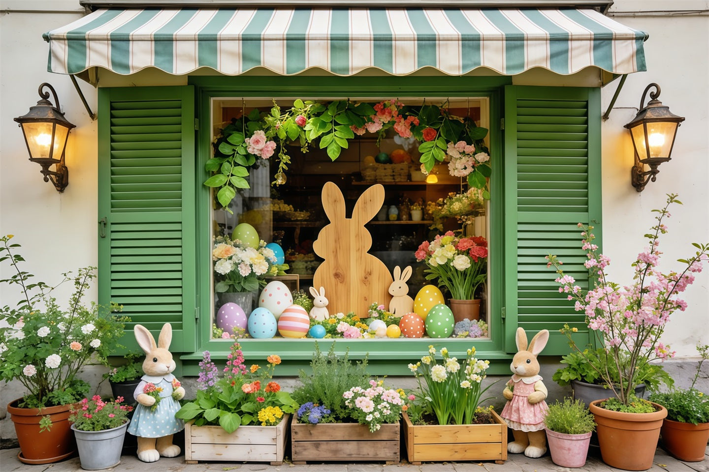 Easter European Garden Backdrop Green Window Bunny Egg Flowers Easter Party Backdrop UK CSH63-38