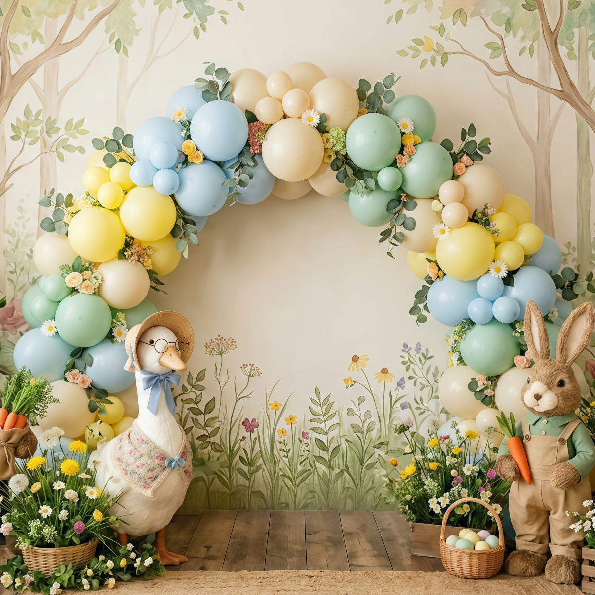 Easter Pastel Balloons Backdrop Bunny Duck Egg Basket Easter Backdrop Ideas UK CSH63-4