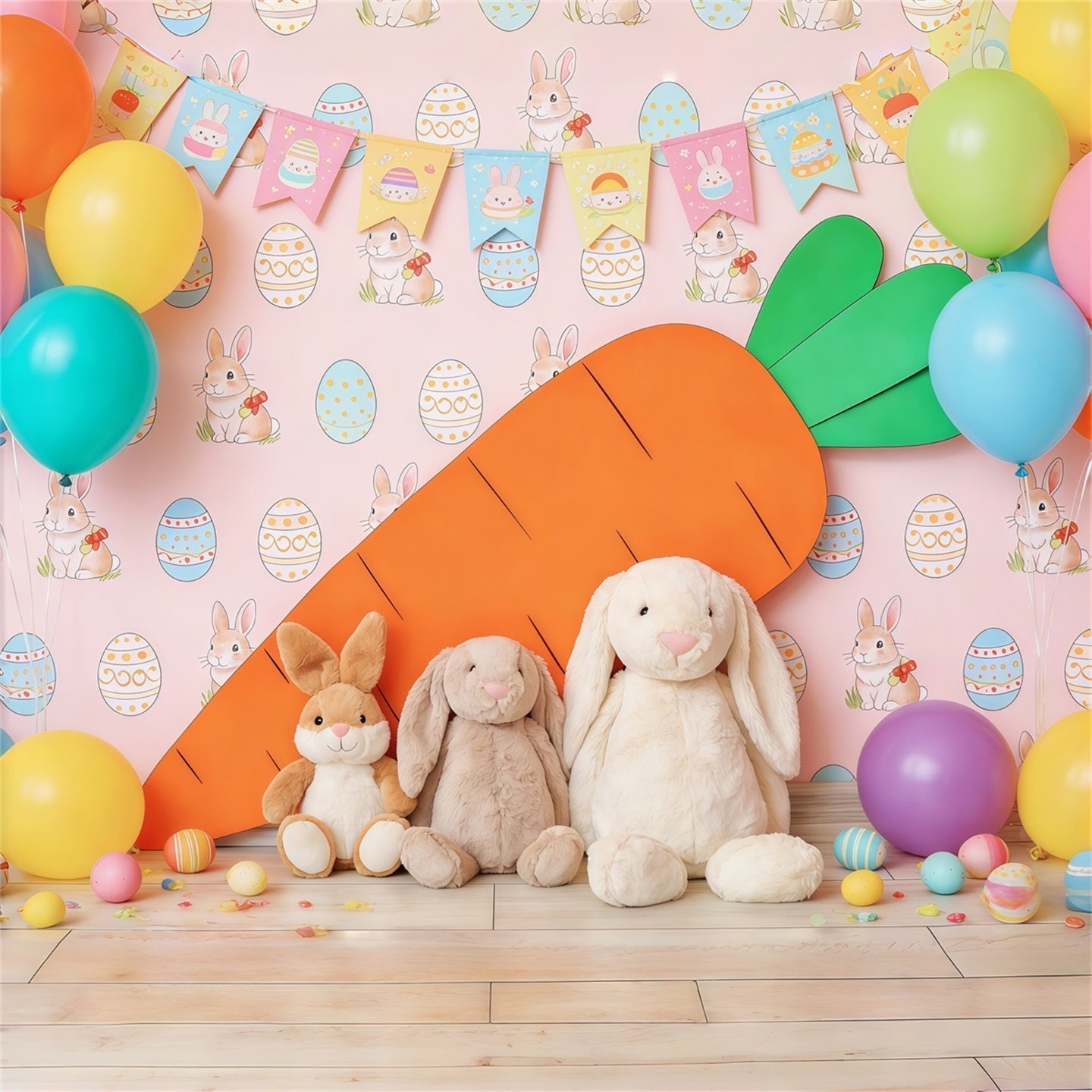Easter Cute Backdrop Colorful Balloon Carrot Bunny Easter Theme Backdrop UK CSH63-42