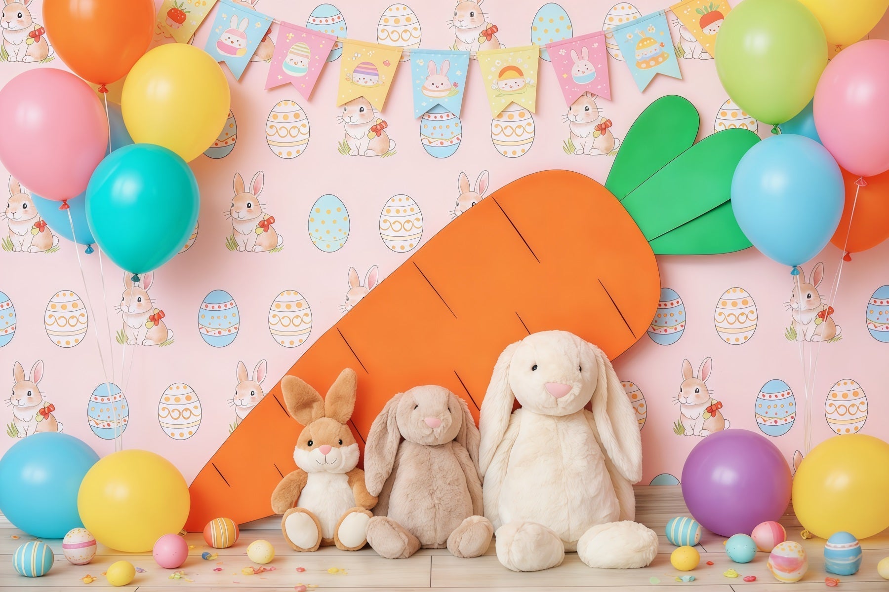 Easter Cute Backdrop Colorful Balloon Carrot Bunny Easter Theme Backdrop UK CSH63-42