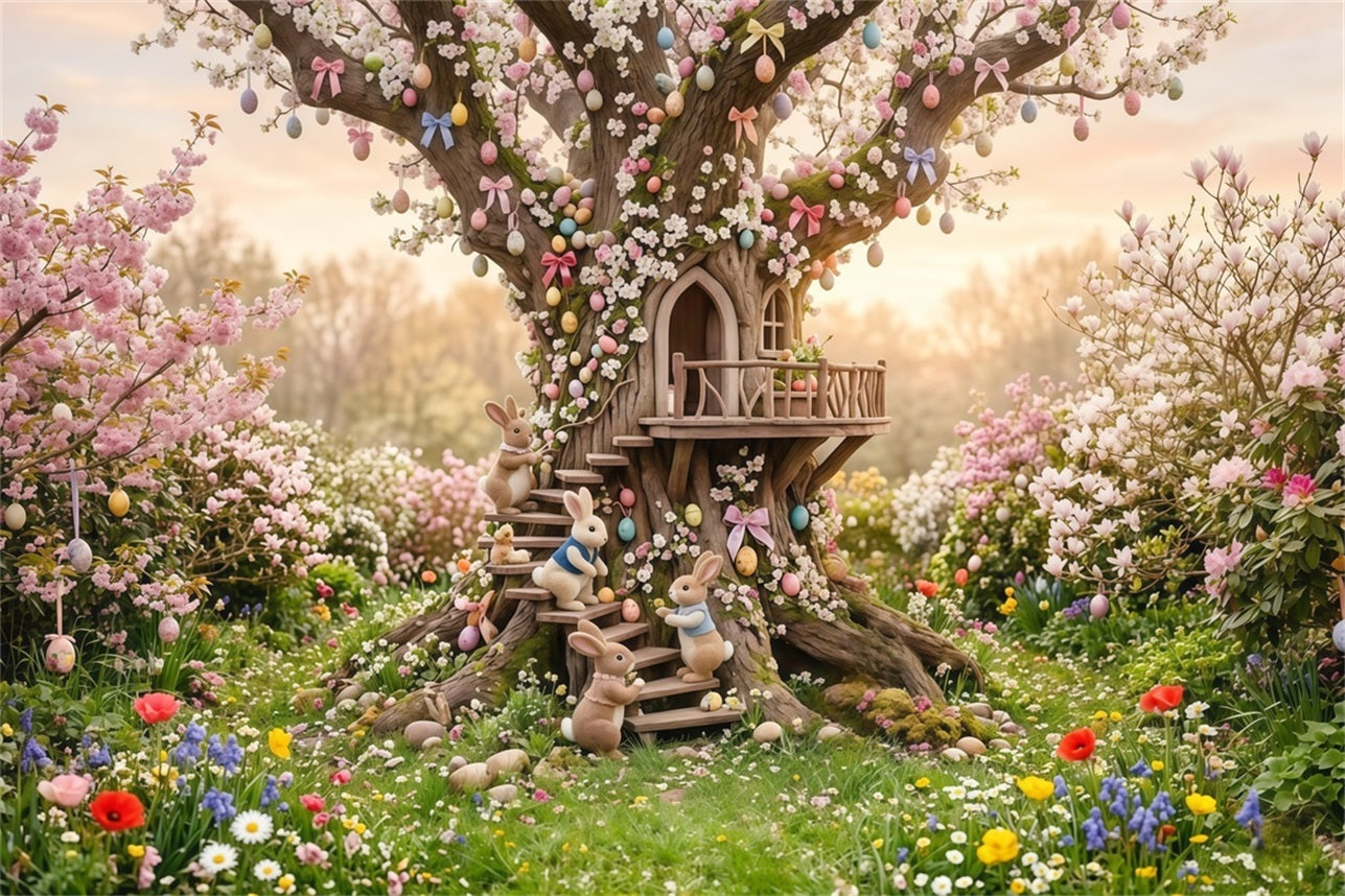 Easter Cherry Blossom Backdrop Fantasy Tree Bunny Treehouse Outdoor Easter Backdrops UK CSH63-49