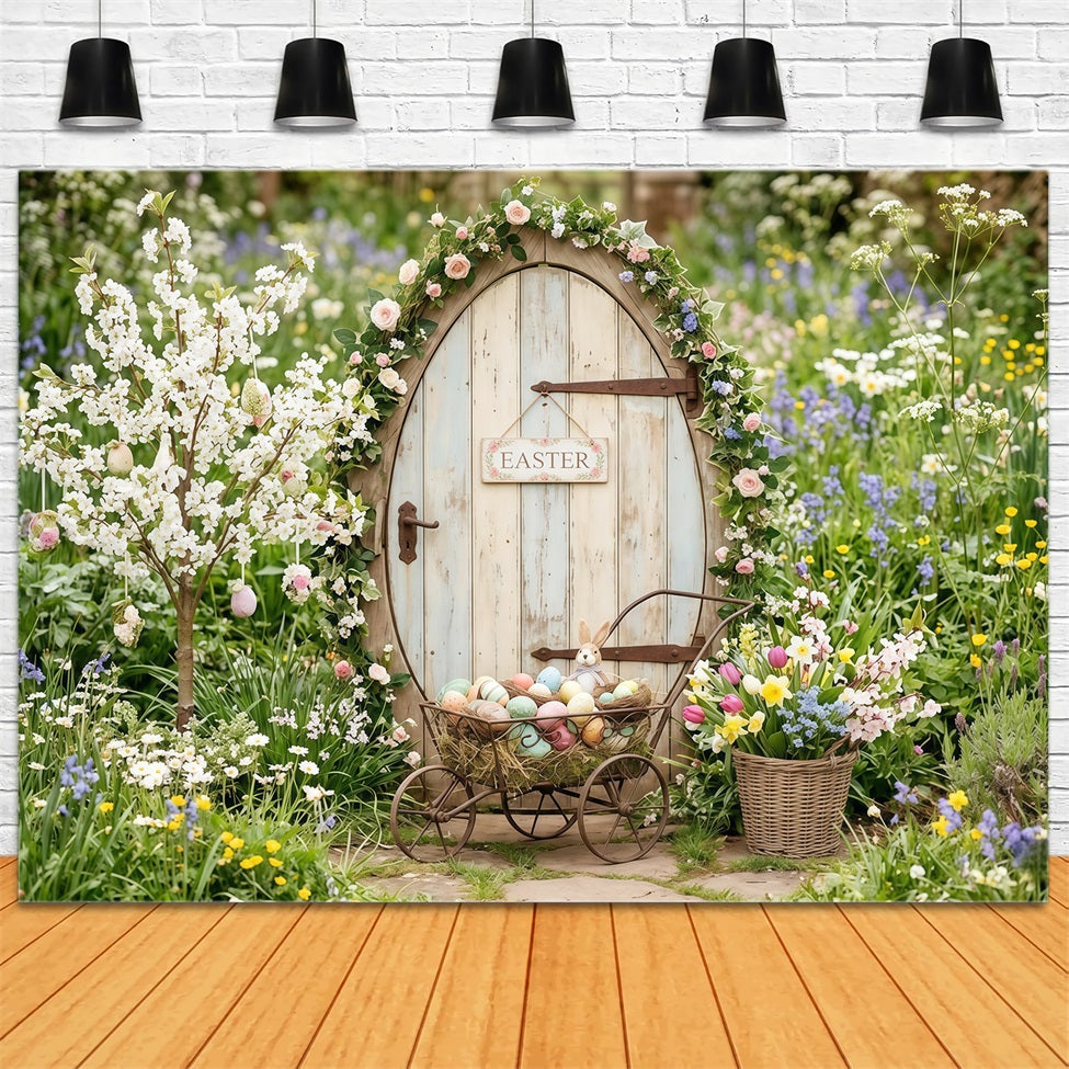Easter Cottage Garden Backdrop Wildflower Bunny Door Egg Cart Easter Photo Backdrops UK CSH63-5