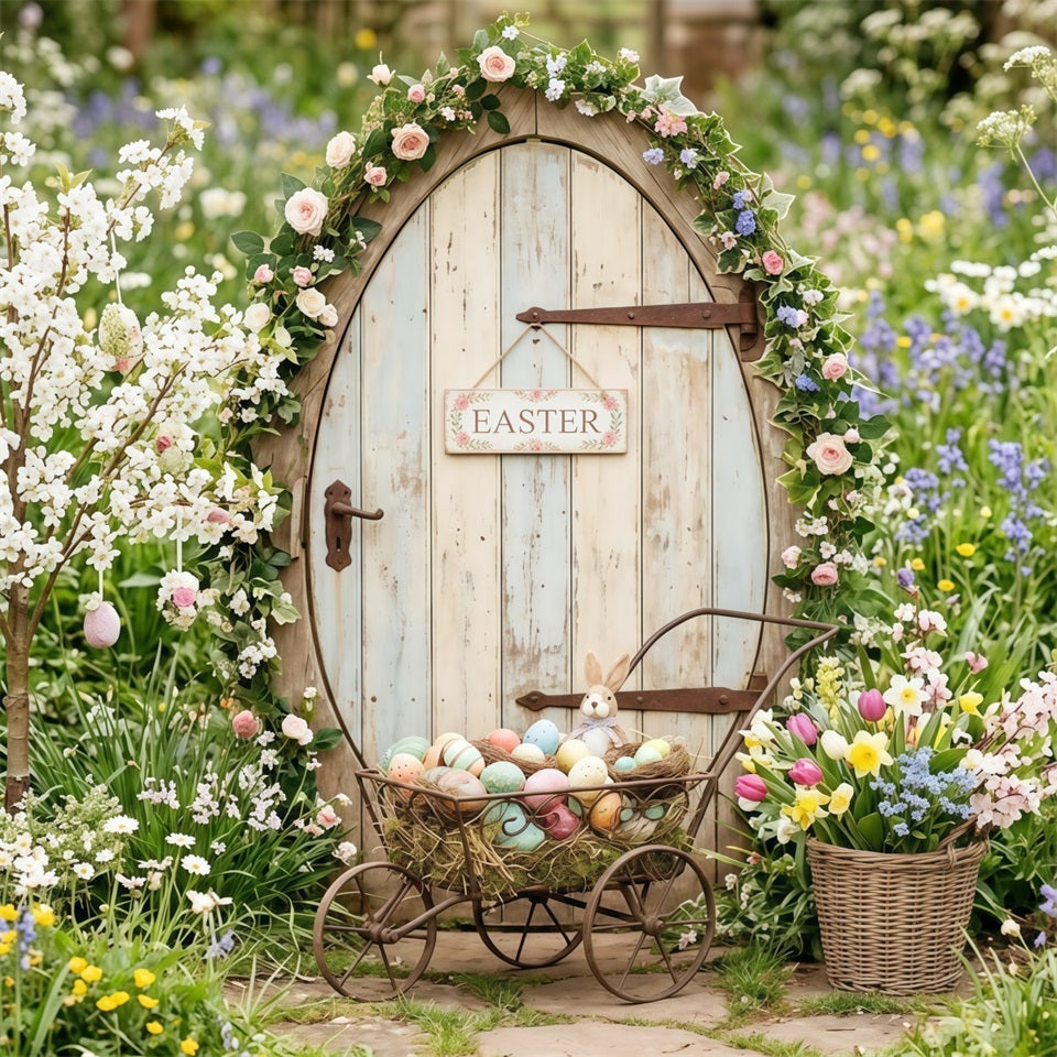 Easter Cottage Garden Backdrop Wildflower Bunny Door Egg Cart Easter Photo Backdrops UK CSH63-5