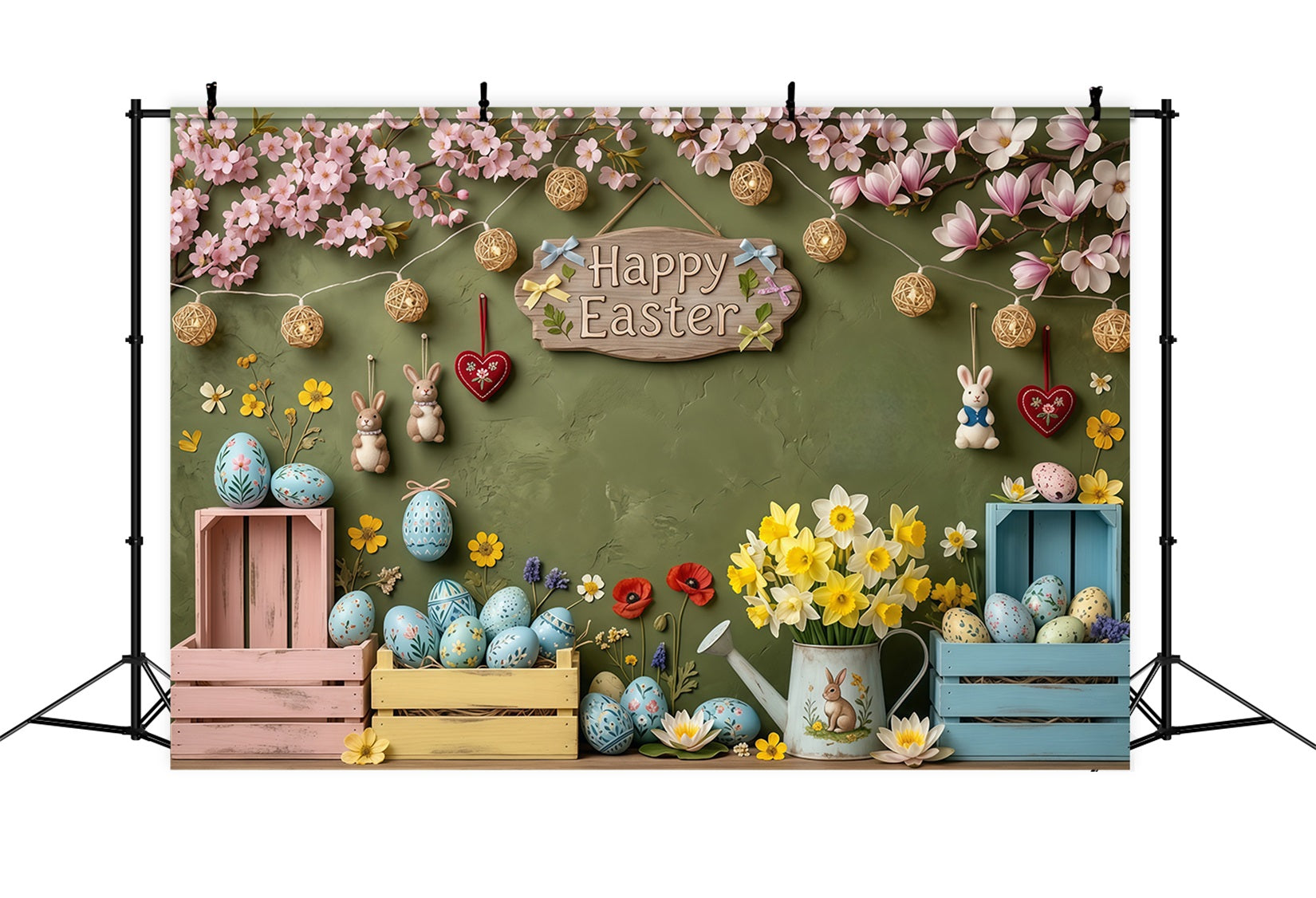 Easter Rustic Backdrop Pastel Eggs Crates Daffodil Easter Pictures Backdrop UK CSH63-50