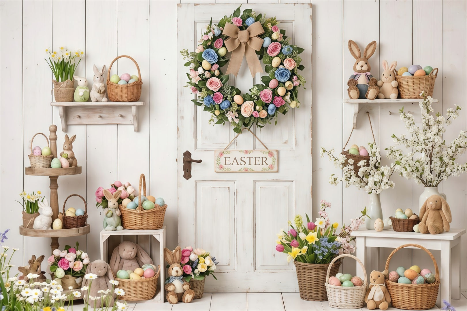 Easter Rustic Backdrop Rustic Door Wreath Egg Baskets Easter Backdrop Photography UK CSH63-6