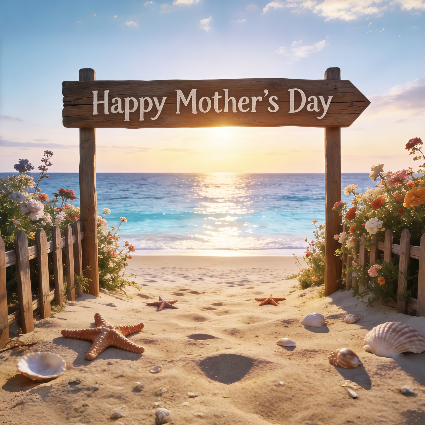 Mother’s Day Lettering Backdrop Sunset Beach Sign Floral Mother's Day Photo Backdrop UK CSH63-66