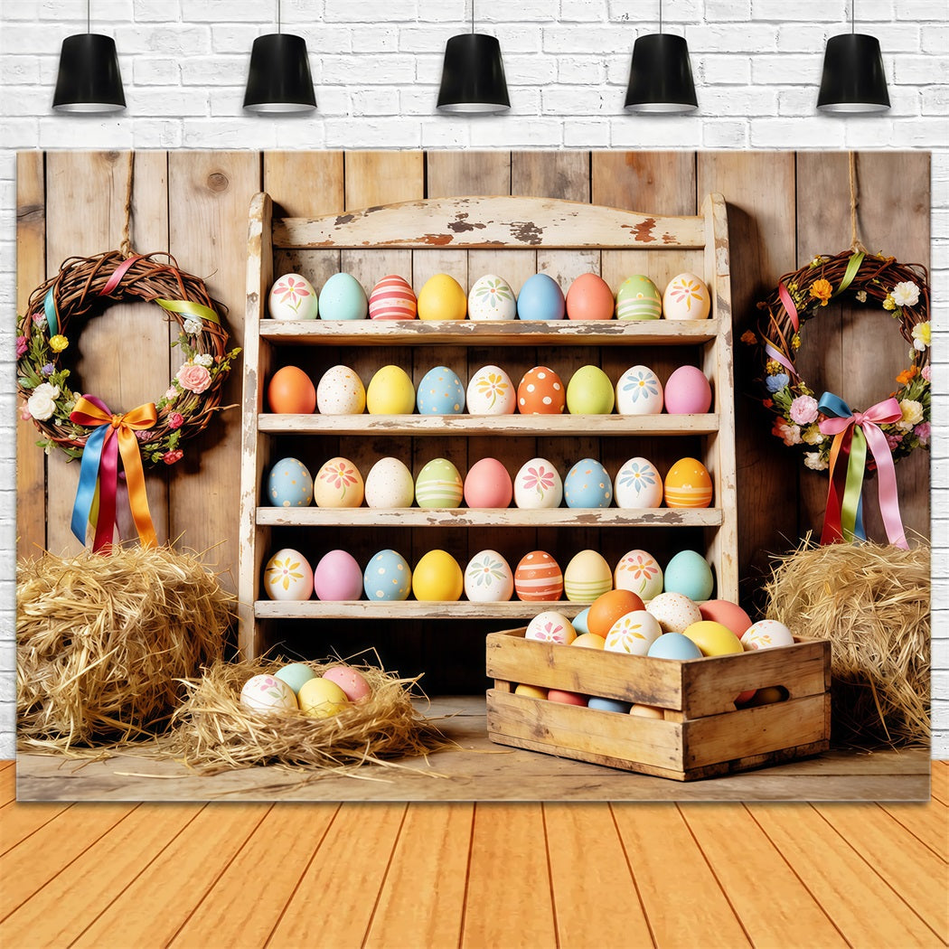 Easter Farm Barn Backdrop Farmhouse Colorful Eggs Hay Easter Backdrops For Photography UK CSH63-7