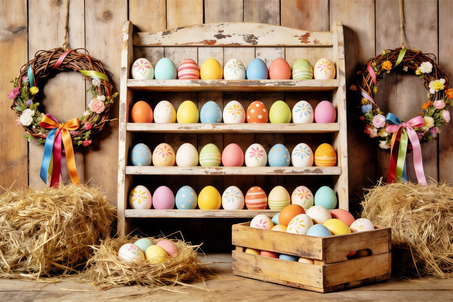 Easter Farm Barn Backdrop Farmhouse Colorful Eggs Hay Easter Backdrops For Photography UK CSH63-7
