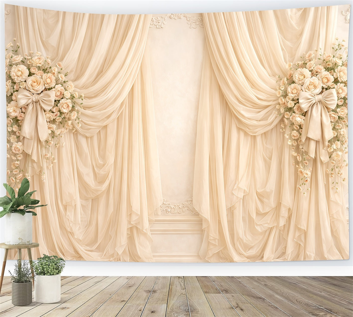 Ribbon Bow Mother's Day Backdrop Ivory Curtain Floral Bow Mother's Day Backdrops UK CSH63-70