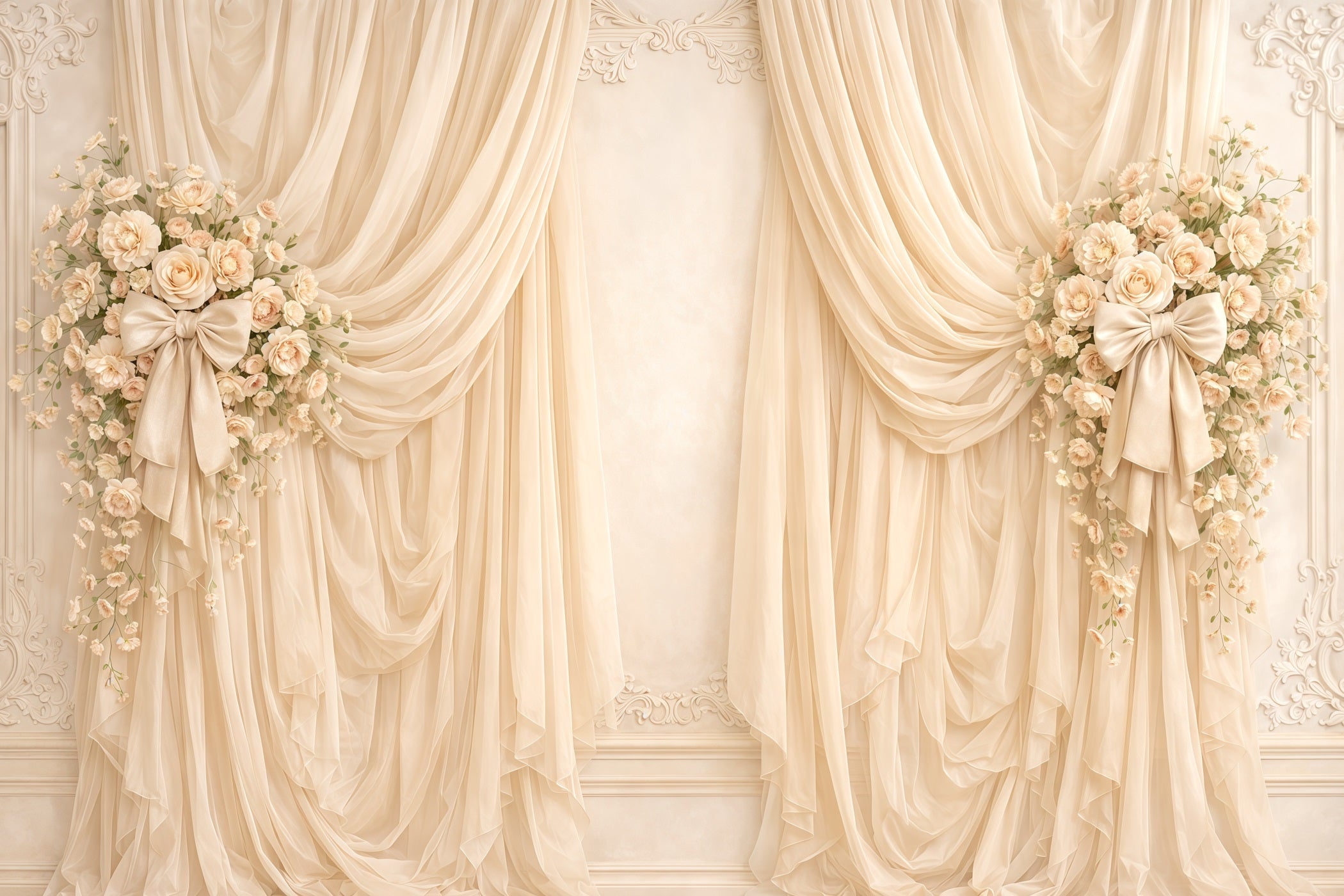 Ribbon Bow Mother's Day Backdrop Ivory Curtain Floral Bow Mother's Day Backdrops UK CSH63-70
