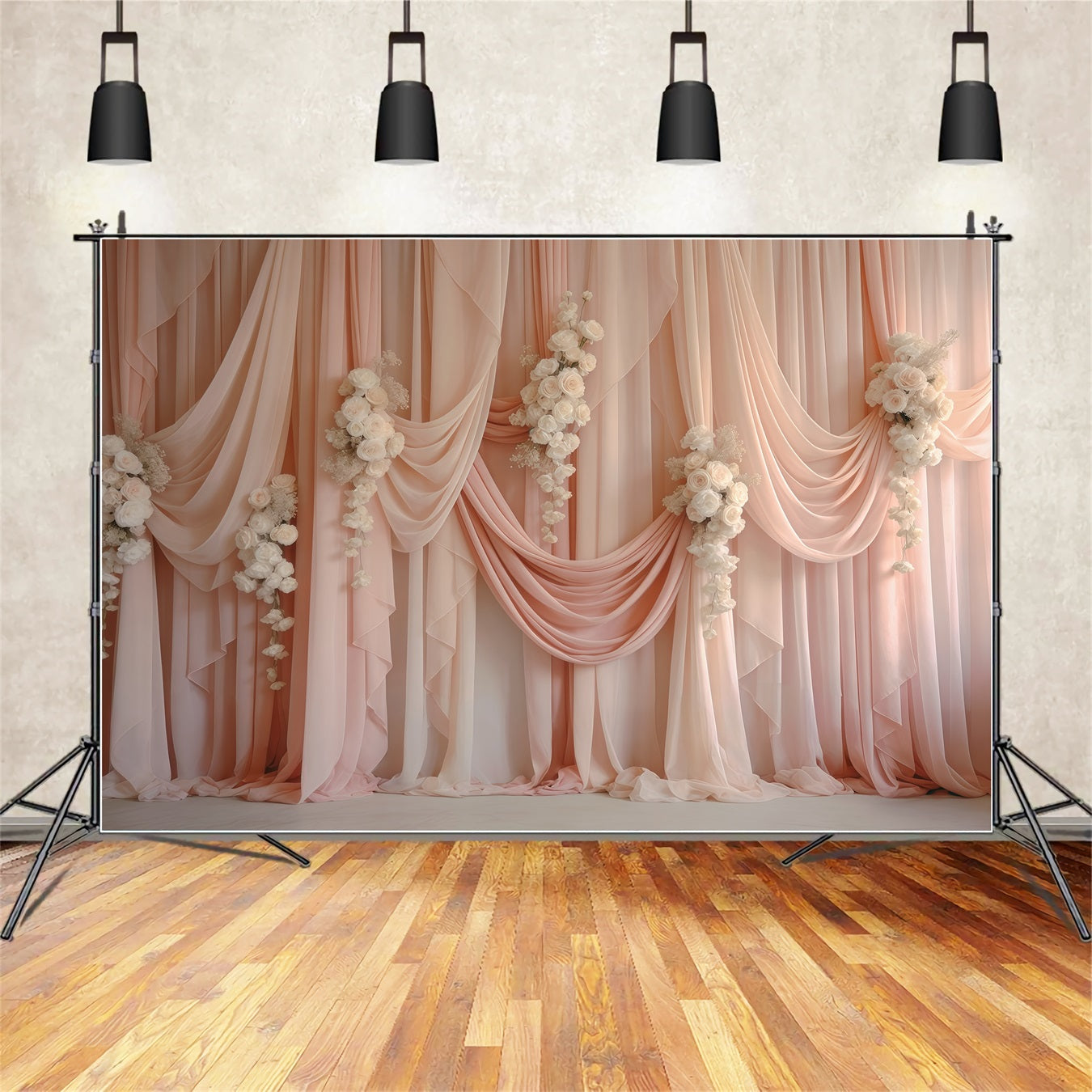Sheer Curtains Mother's Day Backdrop Blush Draped White Rose Swags Mothers Day Backdrops UK CSH63-75