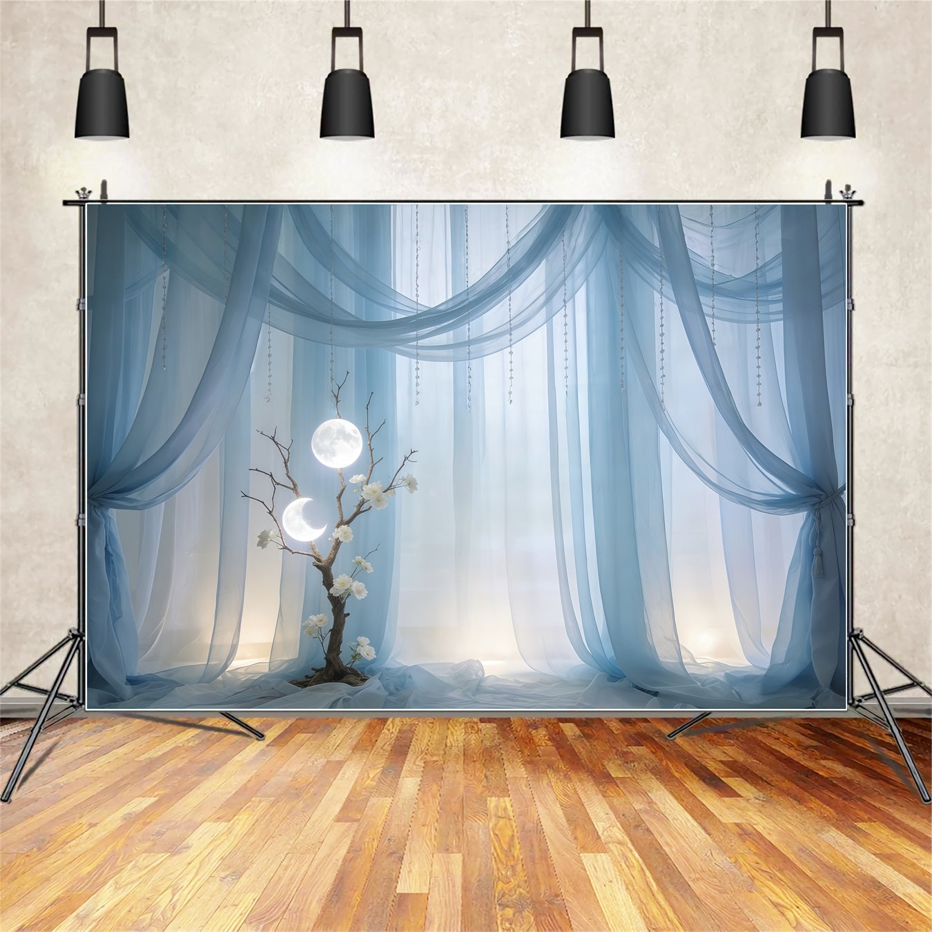 Sheer Curtains Mother's Day Backdrop Sky Blue Moonlit Draped Tree Mothers Day Backdrops UK CSH63-76