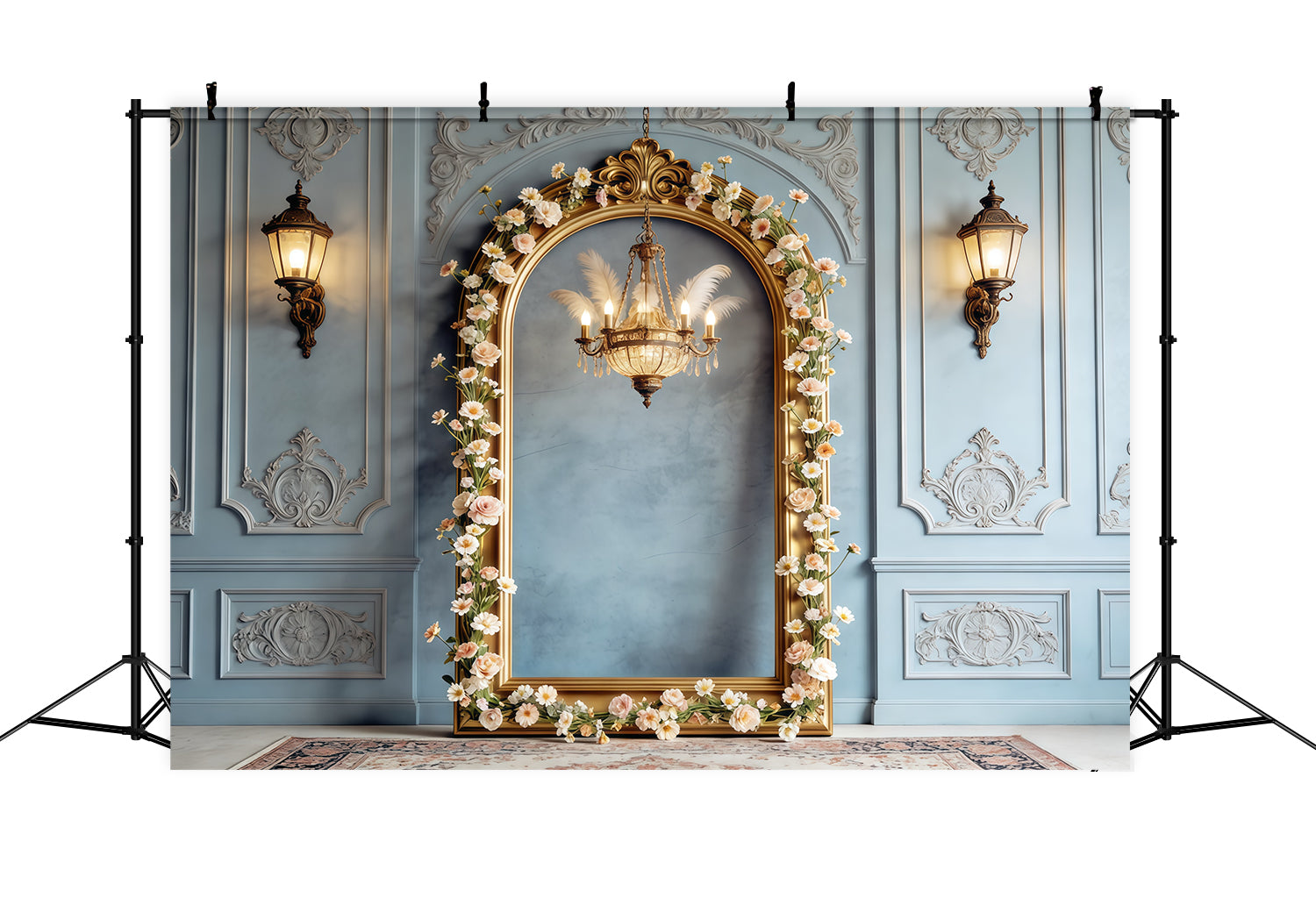 Photo Frame Mother's Day Backdrop Powder Blue Floral Arch Chandelier Mothers Day Photo Backdrop UK CSH63-78