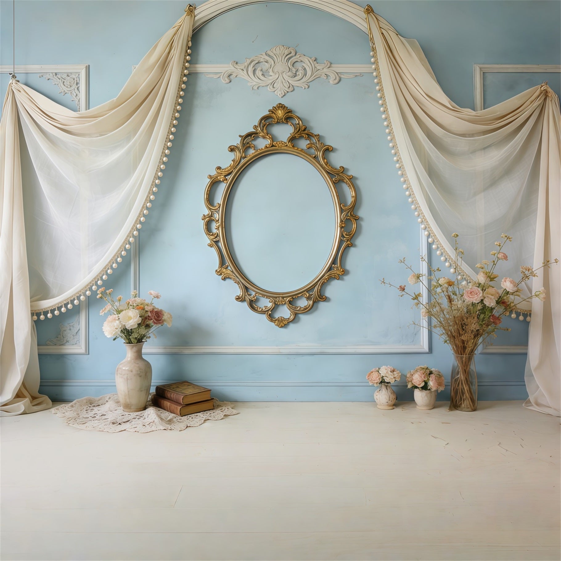 Photo Frame Mother's Day Backdrop Vintage Blue Mirror Floral Drapes Mothers Day Photo Backdrop UK CSH63-80