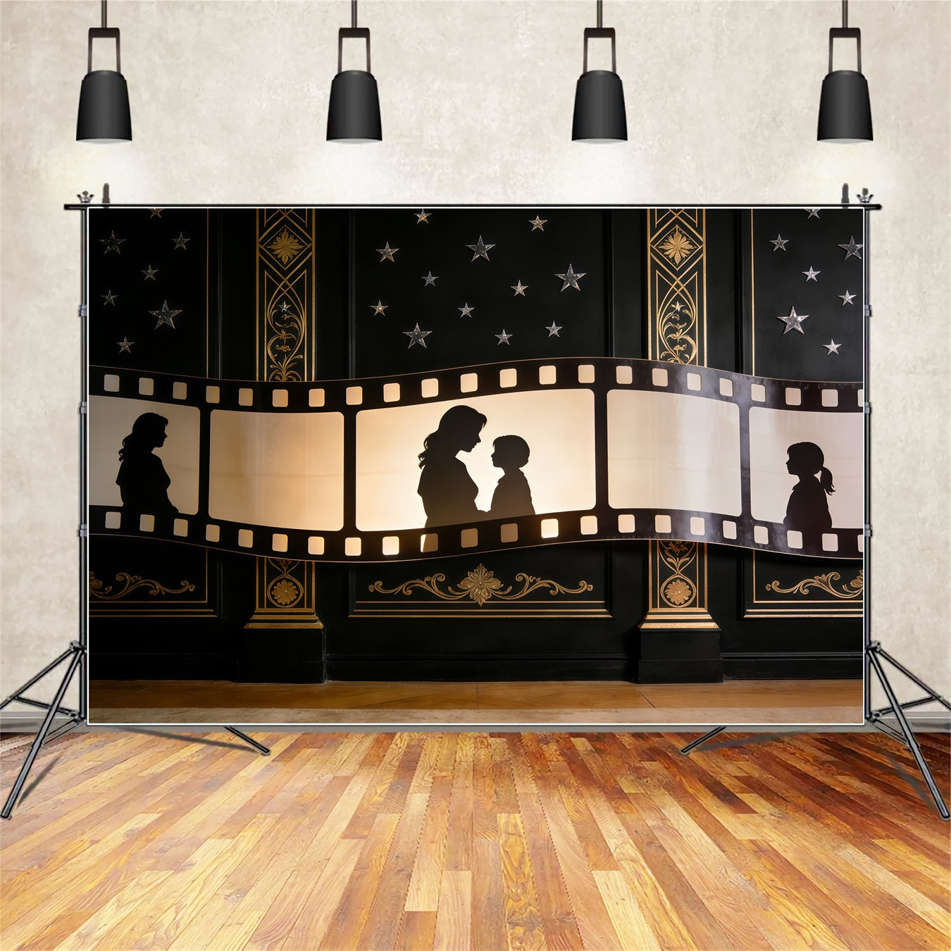 Mother Daughter Silhouette Mother's Day Backdrop Golden Filmstrip Art Deco Mother Day Backdrop UK CSH63-81