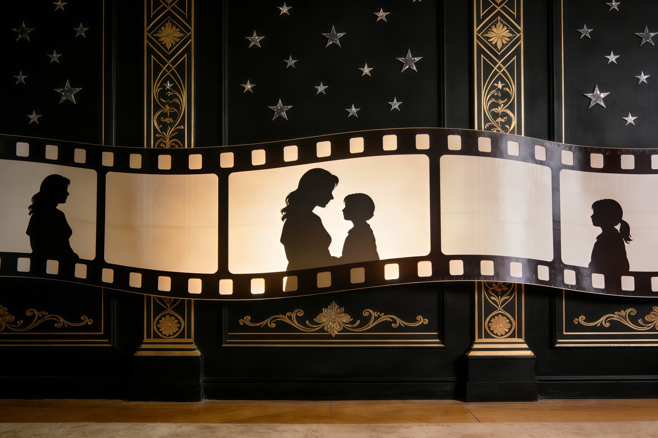 Mother Daughter Silhouette Mother's Day Backdrop Golden Filmstrip Art Deco Mother Day Backdrop UK CSH63-81