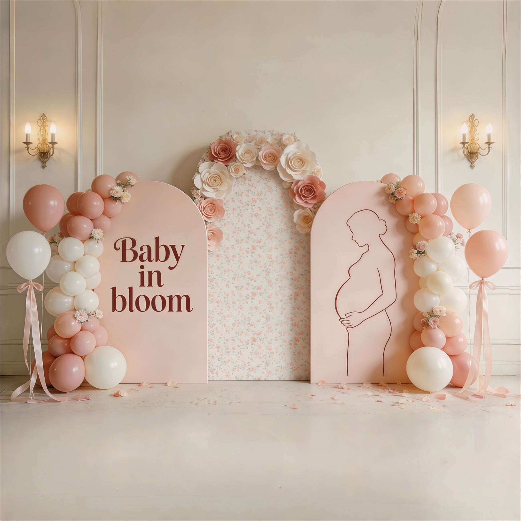 Mother Daughter Silhouette Mother's Day Backdrop Blush Floral Balloon Arch Mother Day Backdrop UK CSH63-82