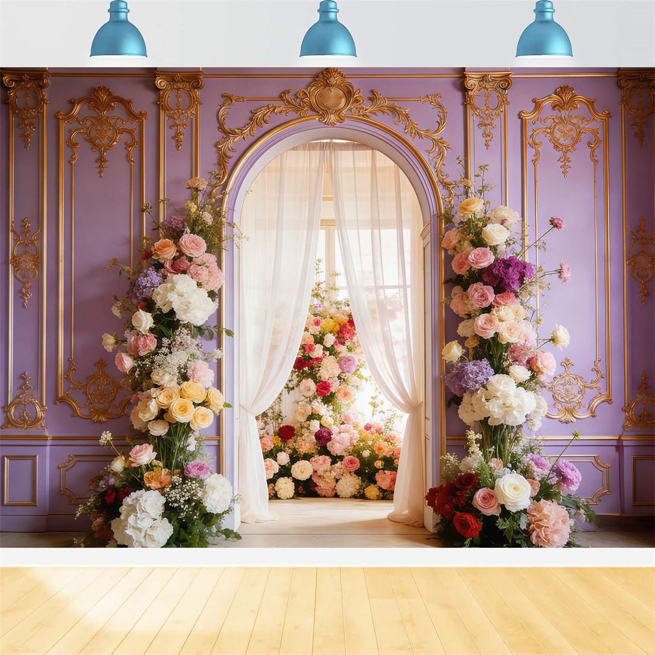 Rococo Floral Mother's Day Backdrop Lavender Palace Bloom Archway Mother's Day Photoshoot Backdrop UK CSH63-88