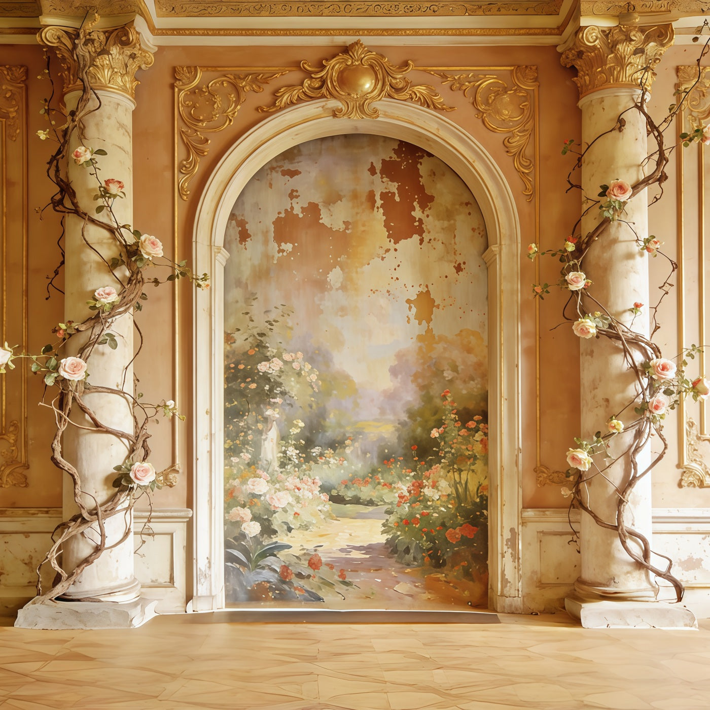 Rococo Floral Mother's Day Backdrop Golden Garden Mural Archway Mother's Day Photoshoot Backdrop UK CSH63-89